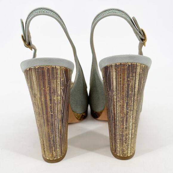 Chanel Metallic Gold/Teal Satin Camellia Flower Slingback Peep Toe Heel size 36C - Picture 7 of 13